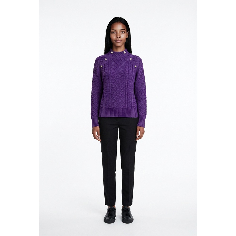 Talbots Purple Cable Knit Mock Neck Sweater Silver Crest Button Raglan Shoulder